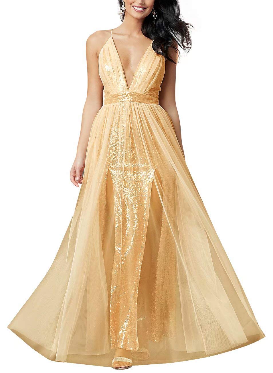 JASY Women's Long Sequined V-Neck Prom Dresses Plus Size with Slit - Elegant Evening Gown for Homecoming, Pageant, and Special Occasions