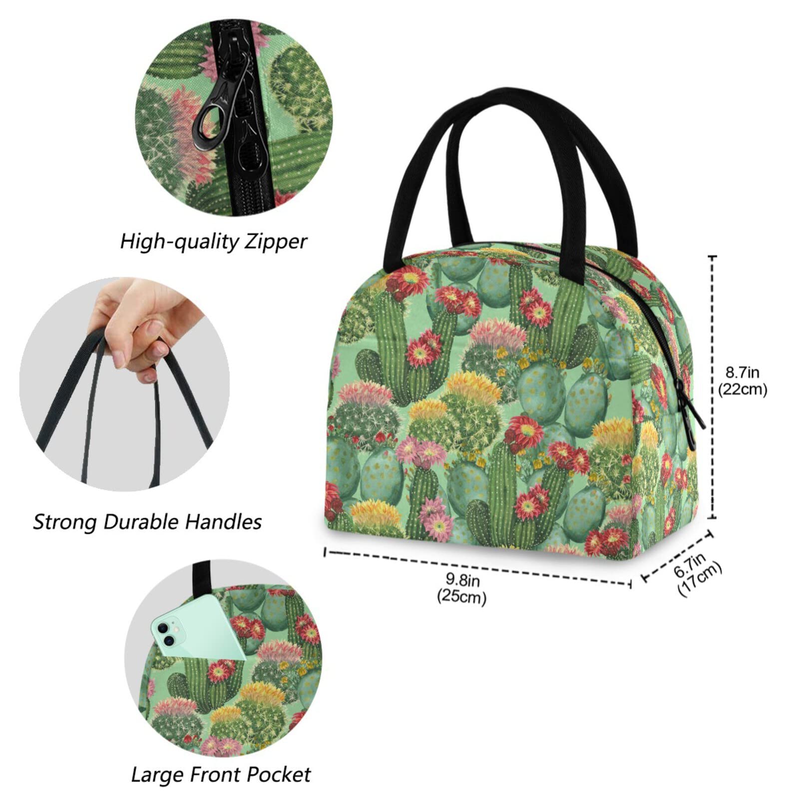 Reusable Insulated Lunch Tote Bag with Front Zipper Pocket - Thermal Cooler Container for Work, Picnic, Beach & Fishing | Durable Cactus Design for Men & Women