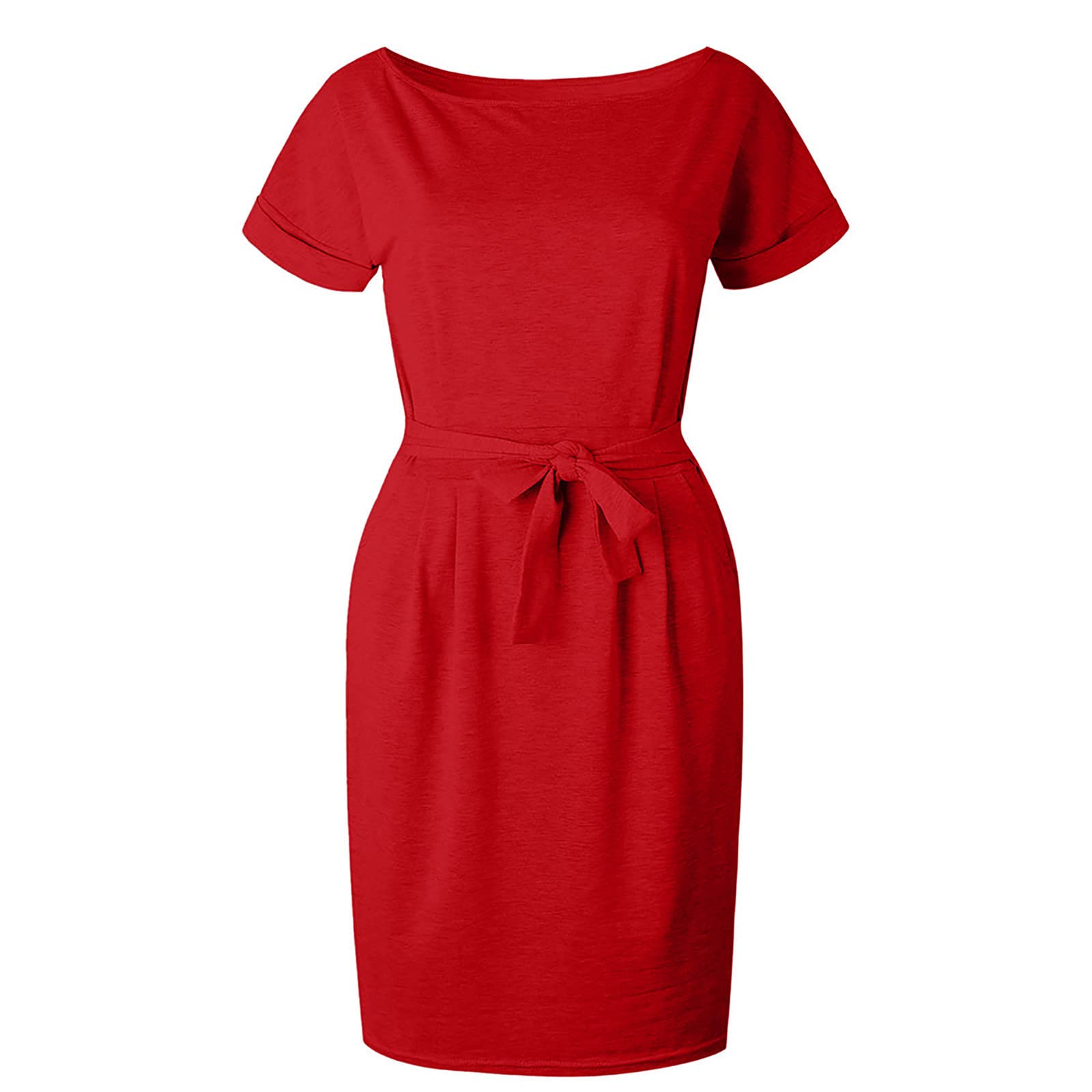 Women's Bodycon Mini Dress with Waist Tie, Short Sleeve & Pockets | Casual Crewneck T-Shirt Dress for Summer Outfits, Date Night & Office Wear