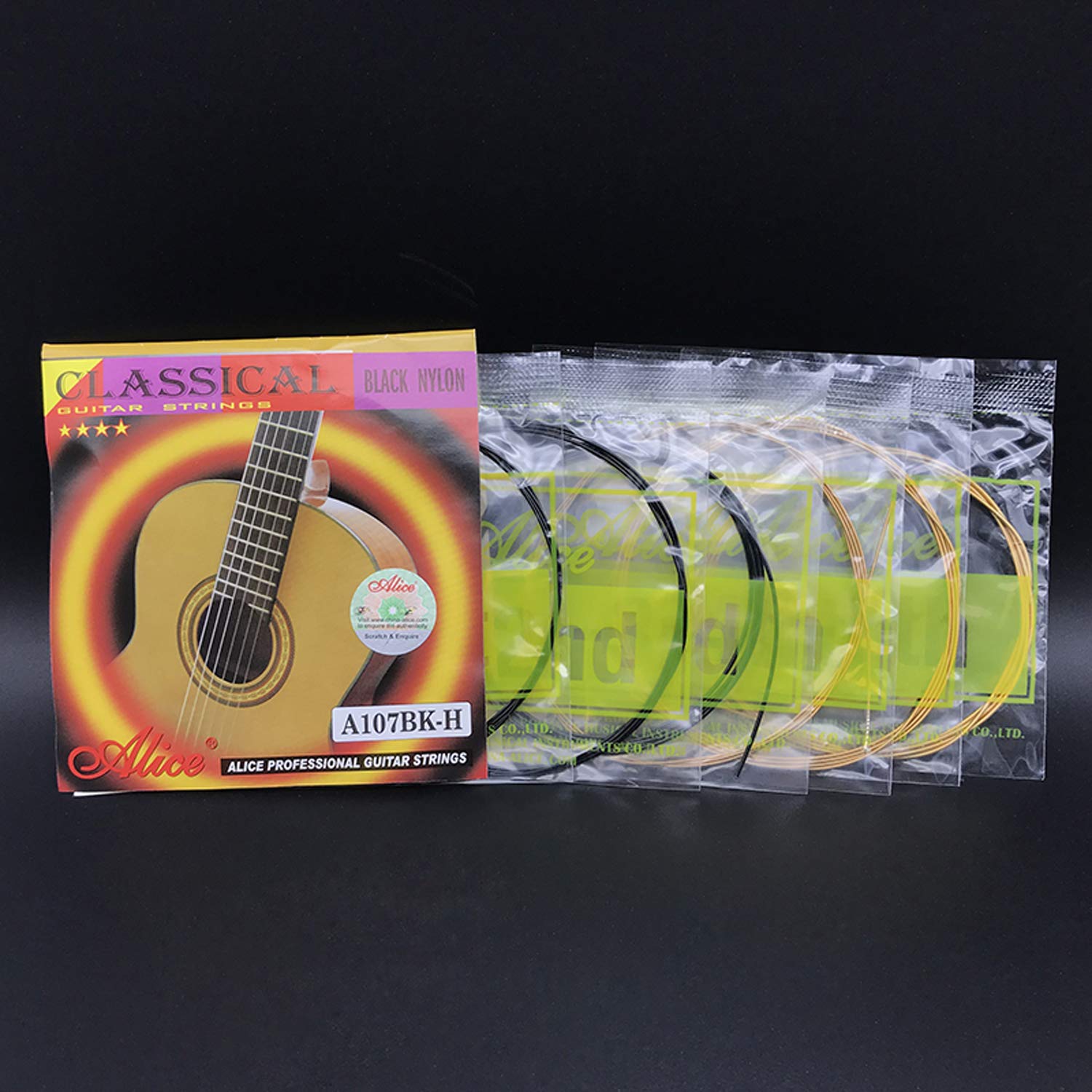 3 Sets Alice A107BK-H Black Nylon Gold Plated Guitar Strings - Classical Hard Tension (.0285-.044) for Acoustic Guitar - Perfect for Performances & Practice Sessions