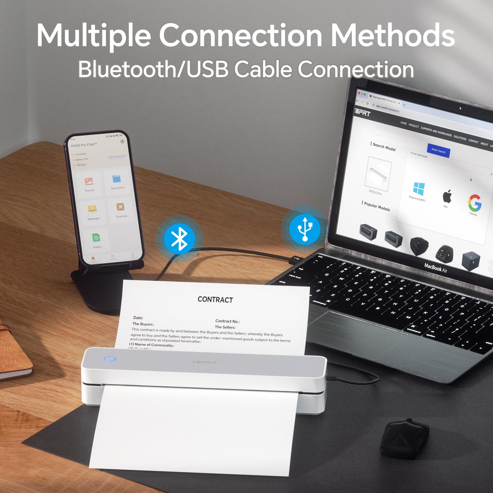 HPRT Wireless Portable Thermal Printer - Bluetooth Inkless Printer for Travel, Office & Home, Supports 8.5x11 US Letter & A4 Paper, Compatible with Android, iOS & Laptop (White) - Perfect for Receipts, Labels, Tickets & On-the-Go Printing