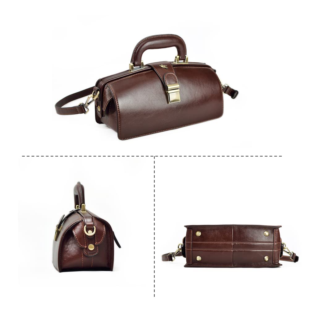 Genuine Leather Handbag for Women - Premium Cowhide Doctor Bag with Shoulder Strap & Buckle Closure - Stylish Brown Leather Purse for Work, Travel & Everyday Use