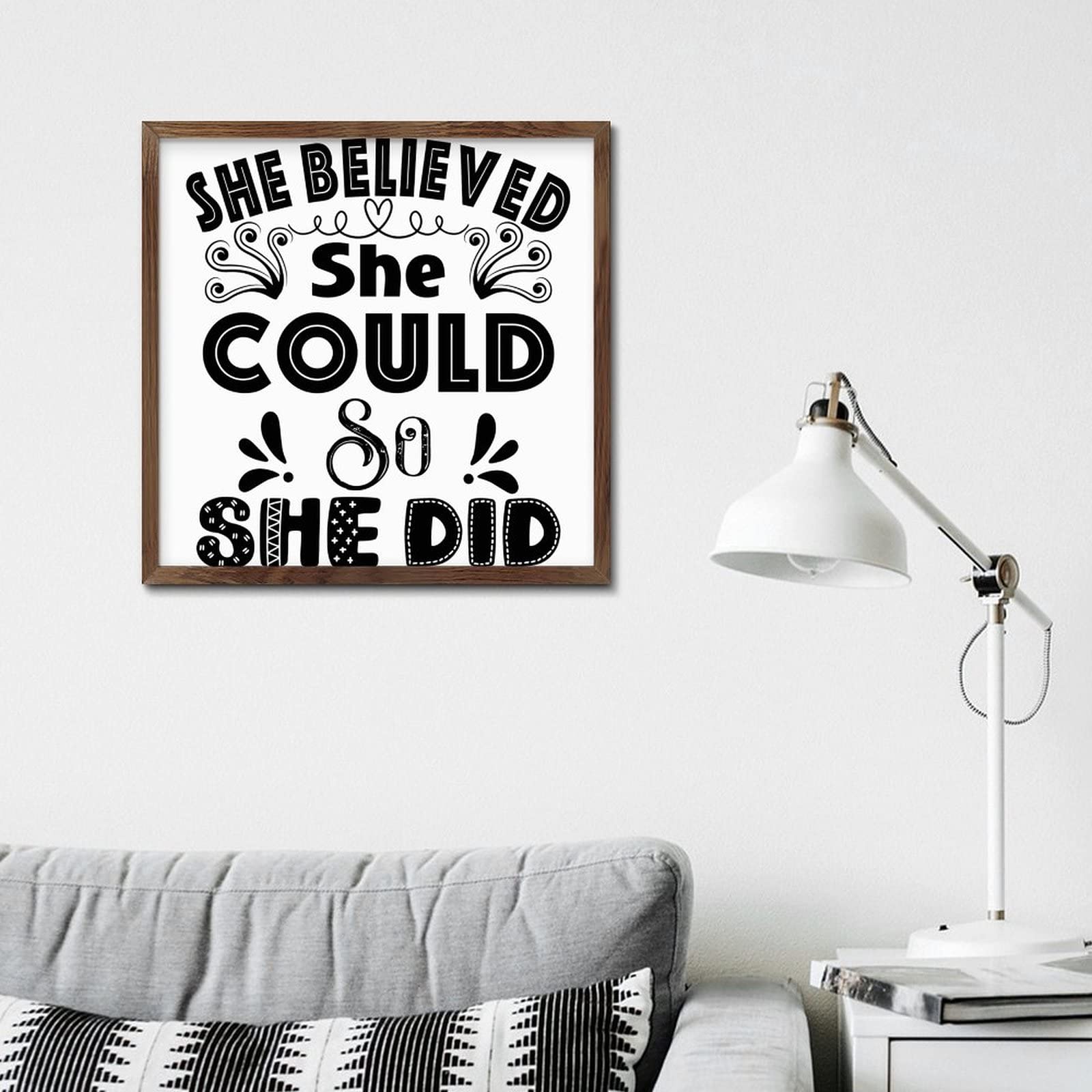 Inspirational Wooden Wall Sign - 'She Believed She Could So She Did' - 12x12in Home Decor for Bedroom, Kitchen & Dining Room - Perfect Housewarming Gift for Motivation & Encouragement