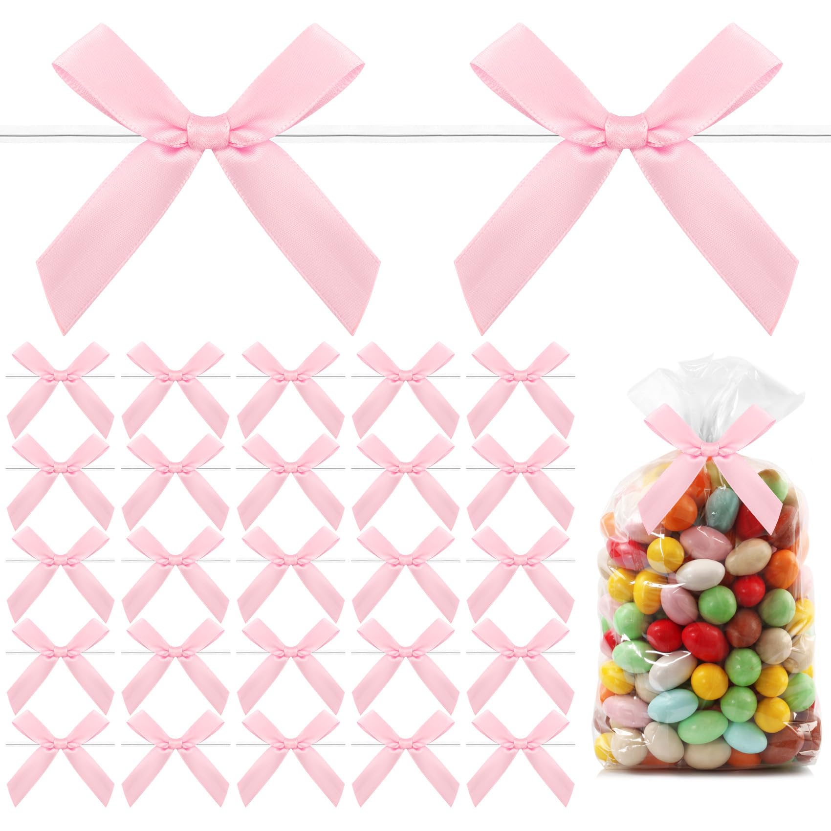 30 Pack Pink Satin Twist Tie Bows - Small Mini Bowknots for DIY Crafts, Valentine Gifts, Treat Bags & Cookie Decorations | Perfect for Gift Wrapping, Party Favors, and Bakery Packaging