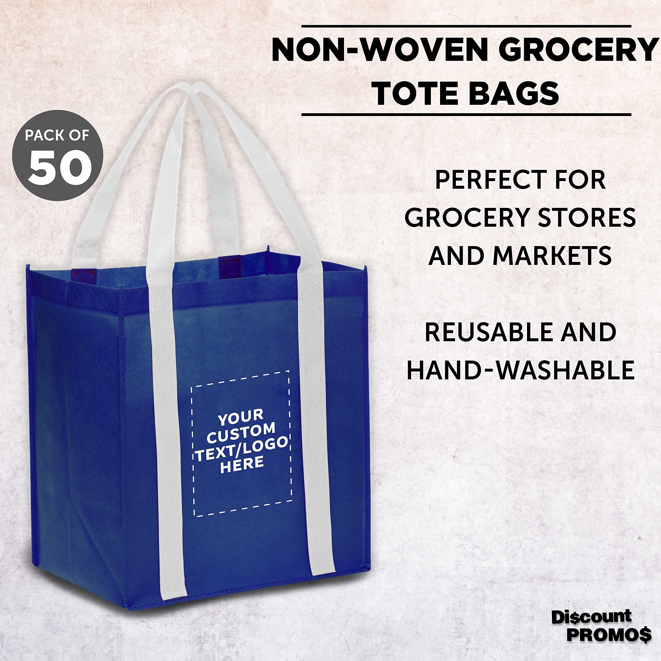 Custom Non-Woven Reusable Shopping Tote Bags - Bulk Pack of 50 Personalized Grocery Bags - Eco-Friendly Beach, Picnic & Wedding Favors (Blue & White) - Perfect for Retail Promotions, Events & Sustainable Shopping