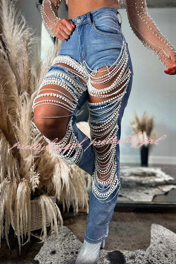 Fashionable Multi-Layered Pearl Chain Ripped Pocket Straight Leg Jeans for Women | Trendy High Waist Denim Pants for Casual Outfits & Streetwear