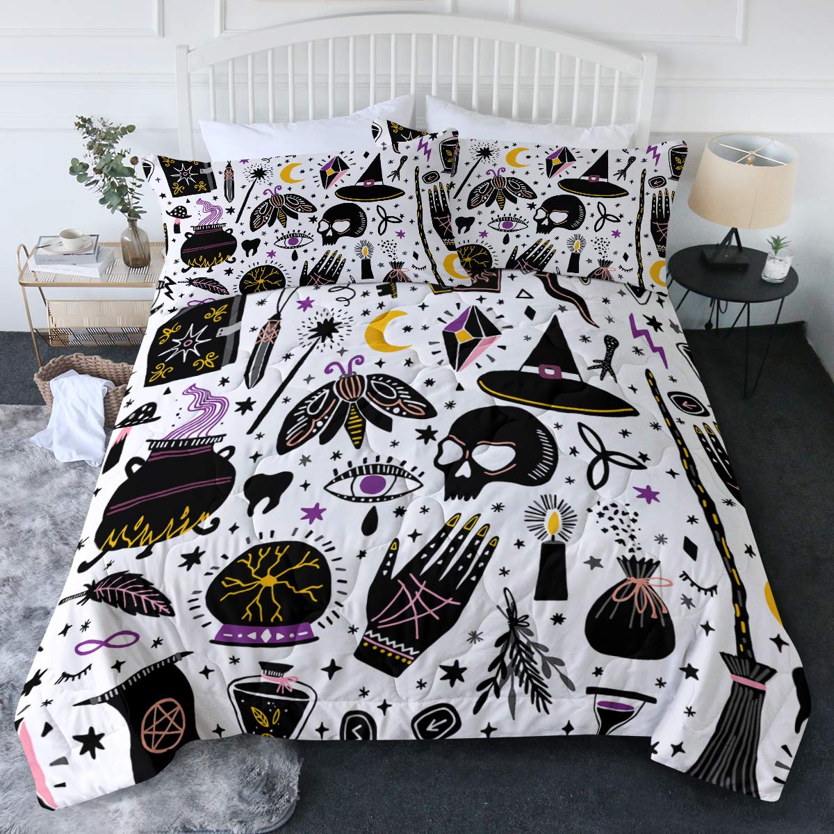 BlessLiving Witchcraft Pattern Comforter Set - Lightweight All-Season Reversible Bedding with Halloween Theme - Full/Queen Size for Witchy Home Decor & Cozy Bedroom Makeover - Perfect for Gothic Rooms, Halloween Parties & Themed Guest Rooms