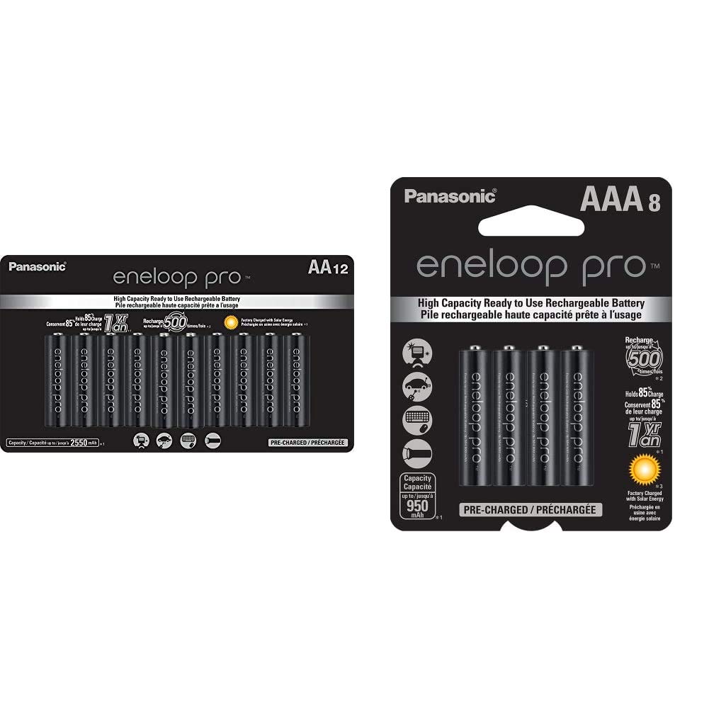 Panasonic Eneloop Pro Rechargeable AA Batteries (BK-3HCCA12FA, 12-Pack) & AAA Batteries (BK-4HCCA8BA, 8-Pack) - High-Capacity Ni-MH 1.2V Batteries for Digital Cameras, Flashlights, and Electronic Devices