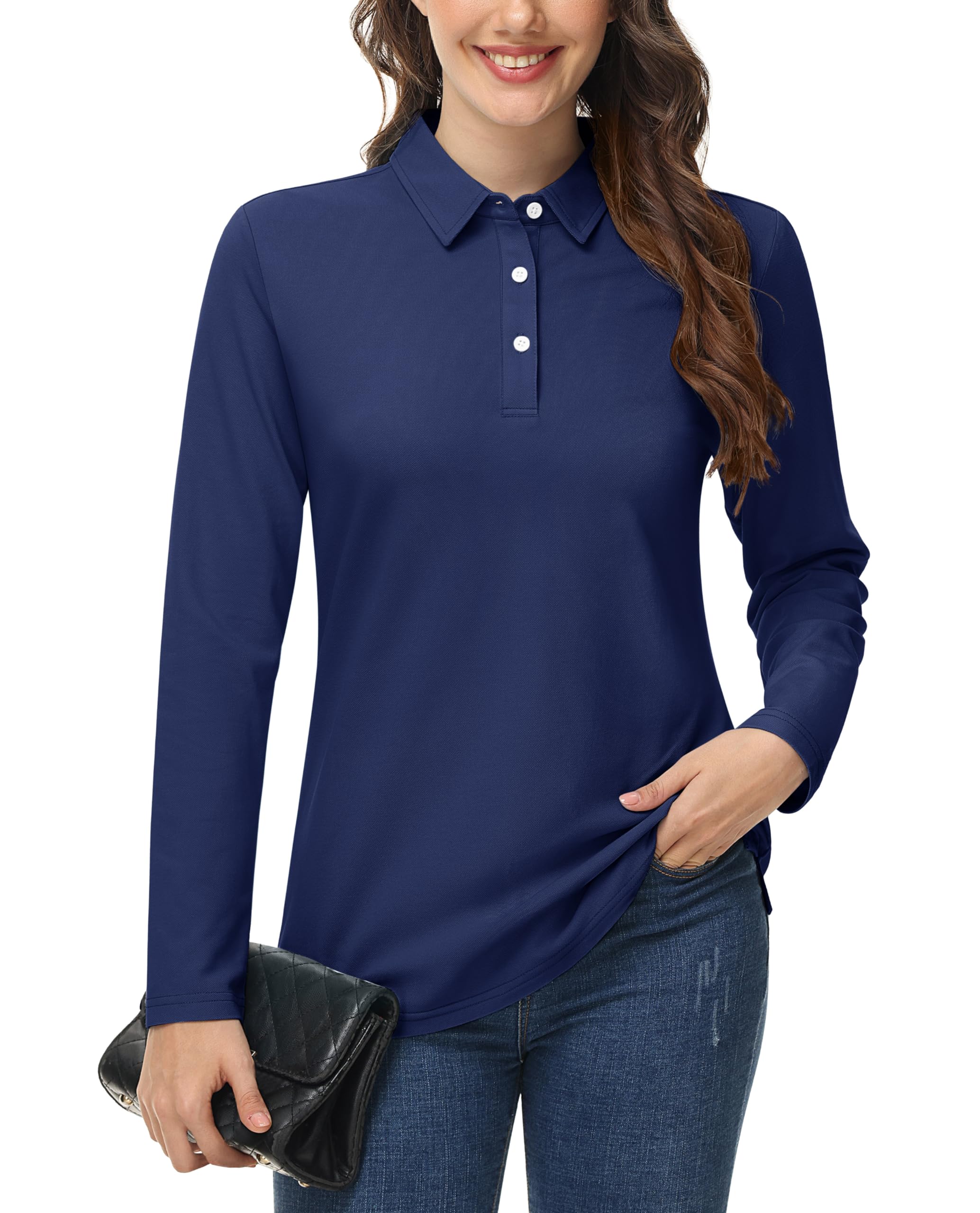MAGCOMSEN Women's Long Sleeve Polo Shirts - 3 Button Cotton Business Casual Top with Moisture Wicking Technology | Perfect for Office, Golf & Outdoor Activities