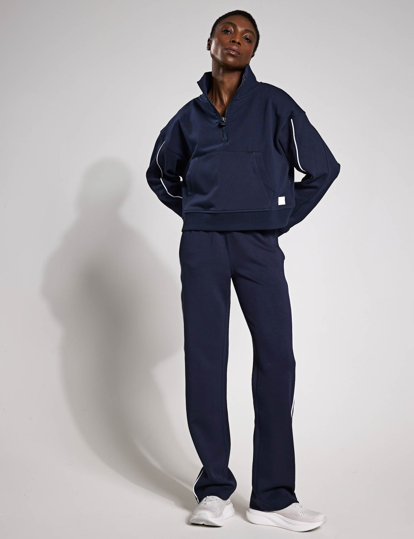 Kirsten Wide Leg Pants for Women - Navy Blue with White Piping | Comfortable High Waisted Trousers for Work, Office & Casual Wear