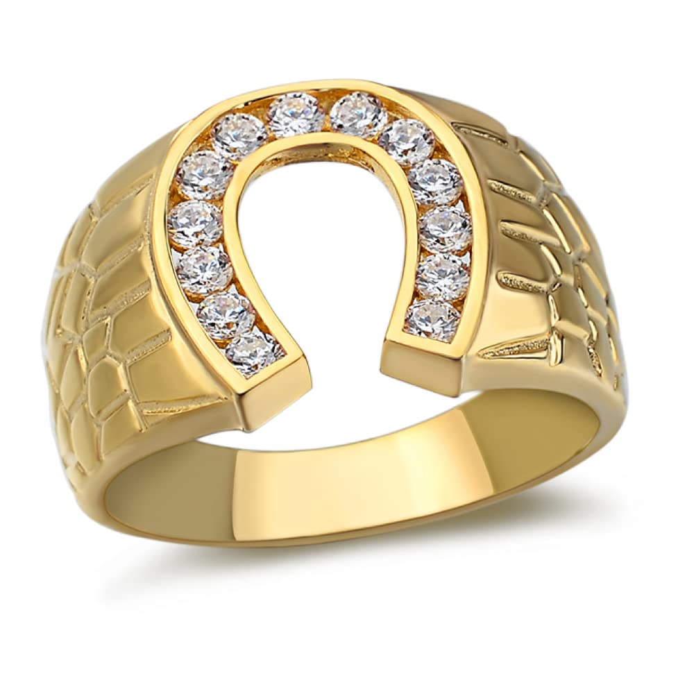 14k Gold Vermeil & 925 Sterling Silver Moissanite Lucky Horseshoe Ring for Men - 0.6ct Iced Real Moissanite GRA Certified - Hip Hop Pinky Ring or Statement Finger Jewelry - Perfect for Gifts, Weddings & Everyday Wear