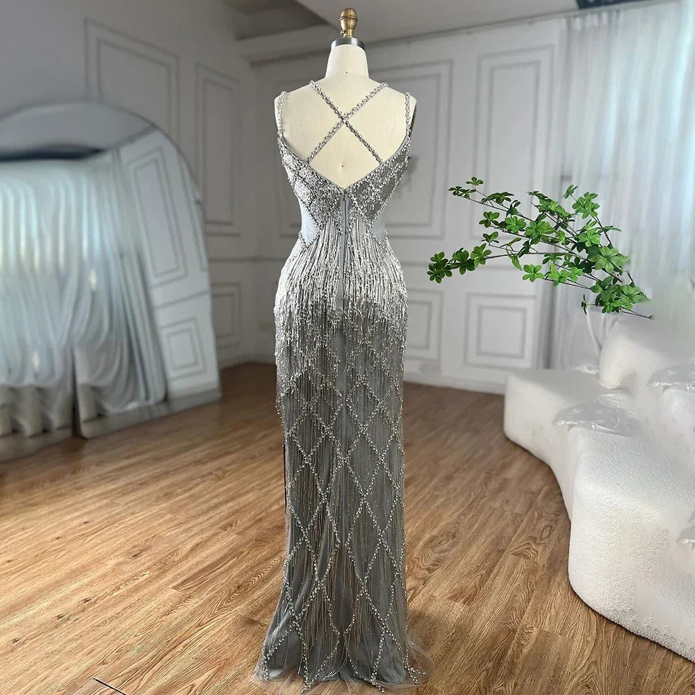 Luxury Beaded Mermaid Evening Gowns for Women - Dubai Silver & Gold Tassel Spaghetti Strap Party Dresses 2025 | Perfect for Prom, Gala & Formal Events - LA72280