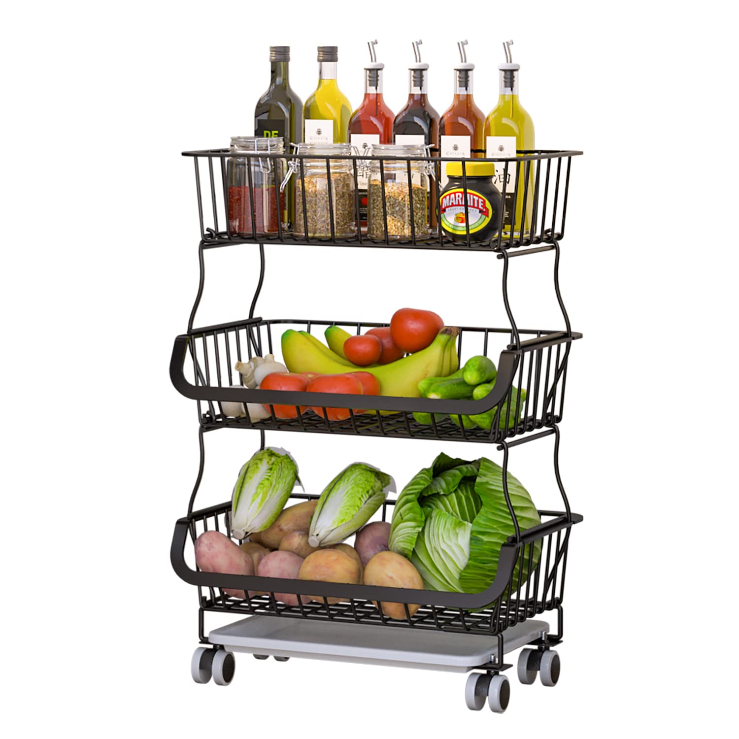 ALPHYSE 3-Tier Stackable Wire Fruit Basket with Wheels & Anti-Skid Feet - Kitchen Vegetable Storage Organizer for Pantry, Bathroom | Perfect for Countertop, Refrigerator & Small Space Organization