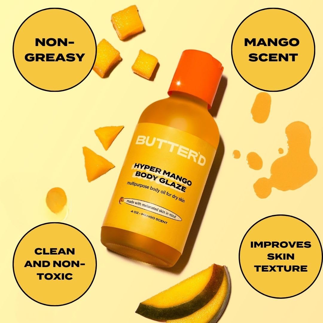 Butter'd Bodycare Hyper Mango Body Glaze - 4 Oz Hydrating Body Oil for Dry Skin - Perfect for Massage, After Shower Moisturizer & Summer Glow