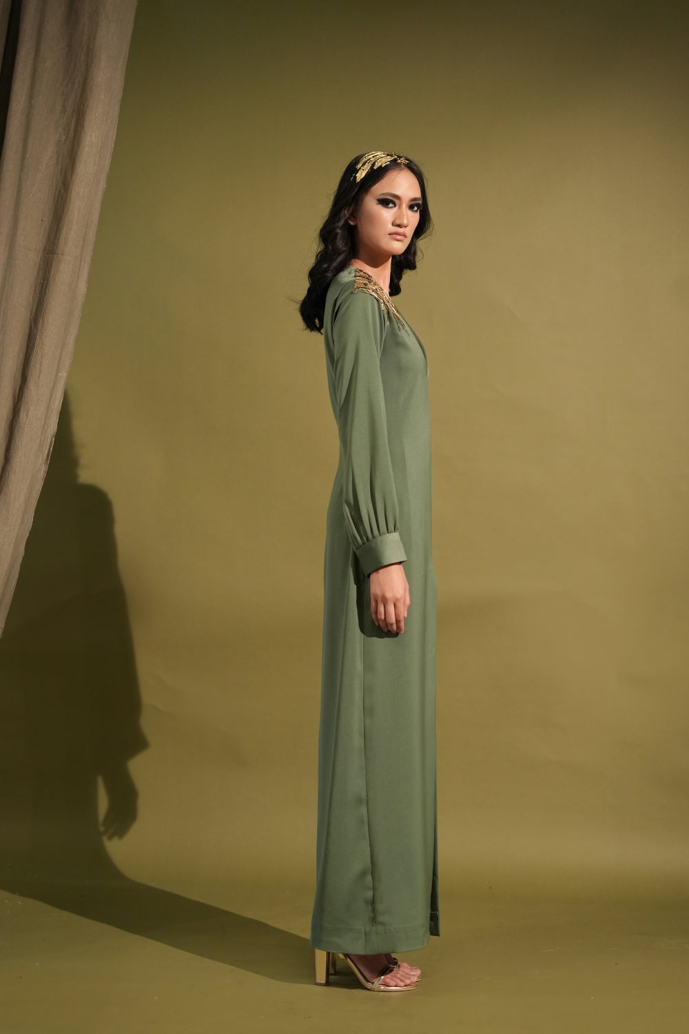 Elegant Dark Jade Green Slit Dress with Metallic Gold Embellishments - Perfect for Evening Parties, Cocktail Events & Special Occasions
