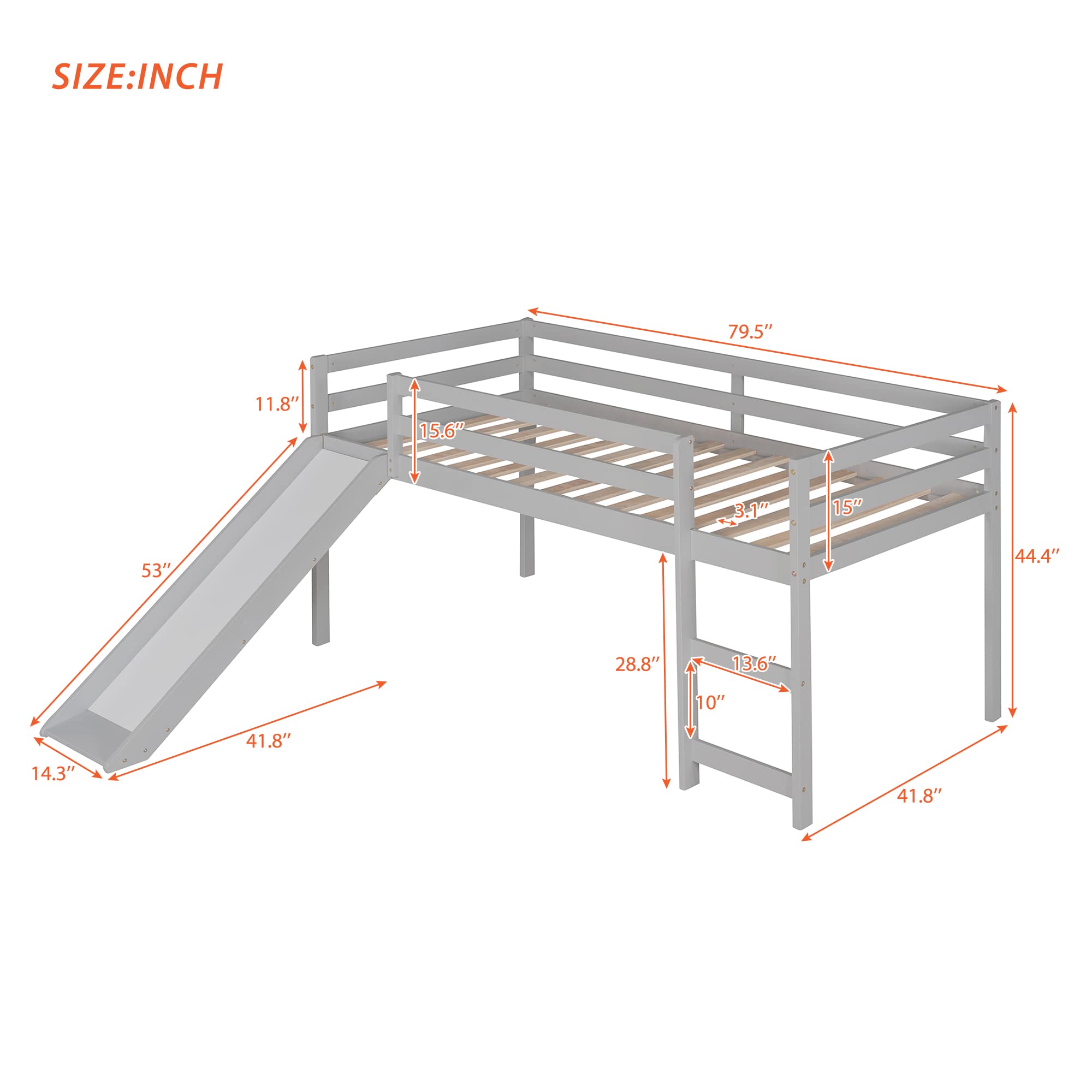 JULYFOX Twin Loft Bed with Slide for Kids - Solid Pine Wood Bunk Bed Frame with Ladder, Headboard & Guard Rails - No Box Spring Needed - Ideal for Small Spaces, Teens & Junior Kids (Gray) - Perfect for Bedrooms, Playrooms & Dorm Rooms