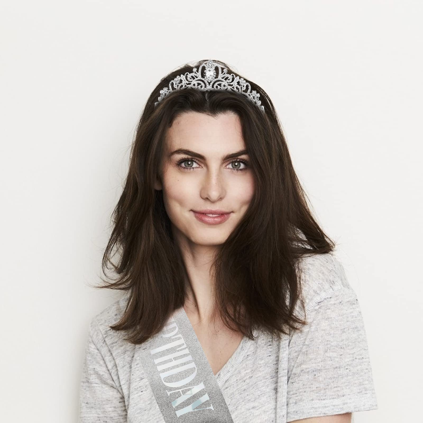 Silver Birthday Crown & Queen Sash Set for Women - Elegant Tiara & Birthday Party Decorations - Perfect for Birthday Celebrations, Bachelorette Parties & Special Occasions