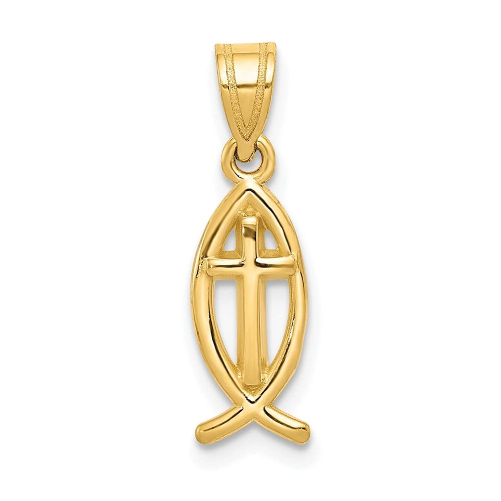 14K Yellow Gold Ichthus Fish Pendant Necklace for Women - 21mm x 7mm Christian Jewelry - Perfect for Baptism, Church, and Everyday Wear