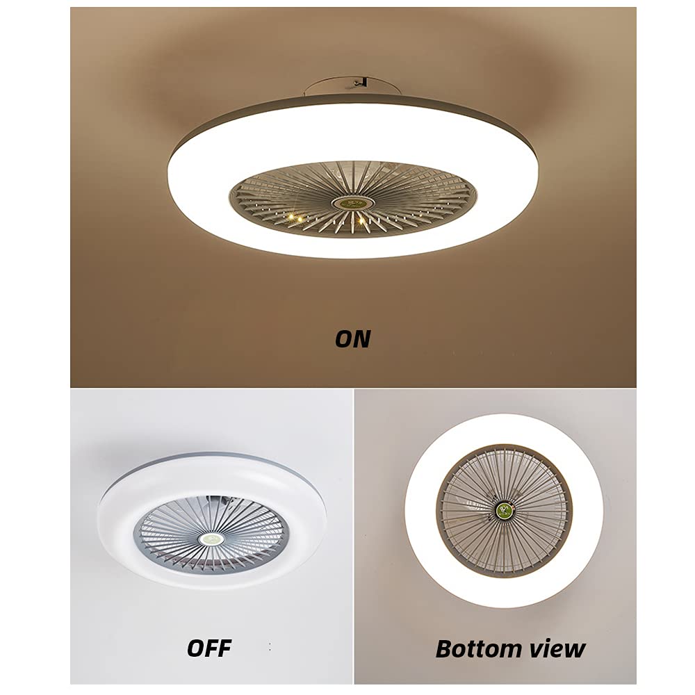 KWOKING 22 Inch Modern LED Ceiling Fan with Light - Dimmable, Adjustable Speed, Remote Control - Low Profile Grey Ceiling Fan for Bedroom, Living Room, Kitchen, and Office
