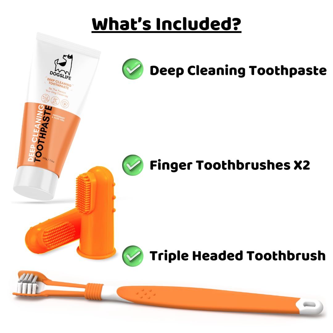 **Triple-Headed Dog Toothbrush & 100% Natural Toothpaste Set – Vet-Approved Dental Kit for Deep Cleaning, Freshens Breath & Removes Plaque – Perfect for Daily Dog Oral Care at Home**