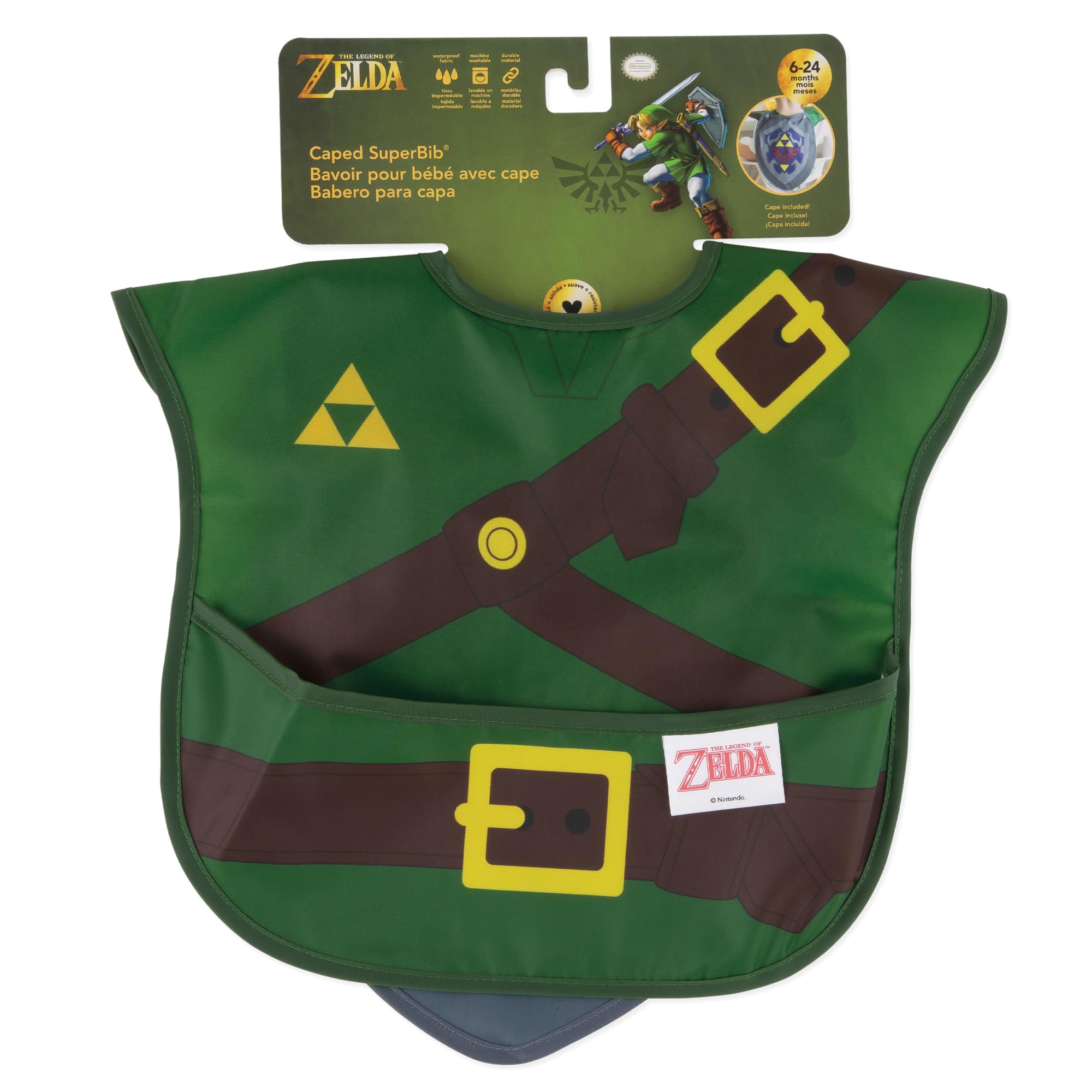 Bumkins SuperBib with Cape for Babies & Toddlers 6-24 Months | Nintendo Legend of Zelda Design | Unisex Baby Feeding Bib for Eating, Baby-Led Weaning & Mess-Free Meals | Perfect for Home, Travel & Daycare Use