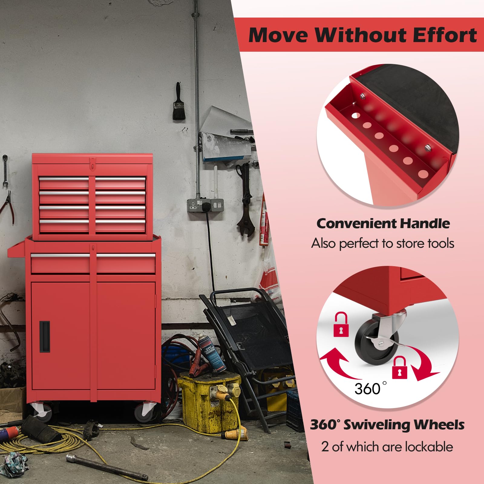 Happytools 5-Drawer Rolling Tool Chest - 2 in 1 Detachable Lockable Metal Tool Storage Cabinet with 4 Universal Wheels & Hooks | Heavy Duty Tool Box Organizer for Workshop, Garage, Repair Shop & Home Use | Perfect for DIY Projects, Auto Repair & Tool Organization (Red)