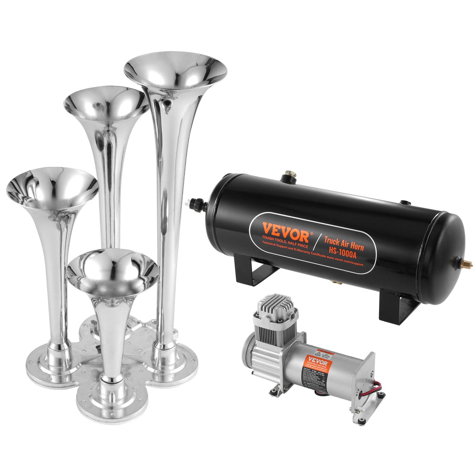 Best Auto Train Horns Kit for Trucks - 150dB Loud 12V Air Horn with 2.6 Gallon Tank & 4 Stainless Steel Trumpets (160PSI) - Complete Train Horn Kit for Cars, Trucks, SUVs (Black) - Perfect for Off-Roading, Emergency Vehicles & Custom Car Upgrades