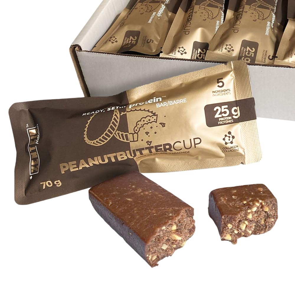 Zentein Nutrition Protein Bars with Collagen - 25g Protein, 70g (12 Count) | Peanut Butter Cup Flavor | 5-Ingredient Healthy Snacks | Made in Canada | Perfect for Gym, Hiking & On-the-Go Nutrition