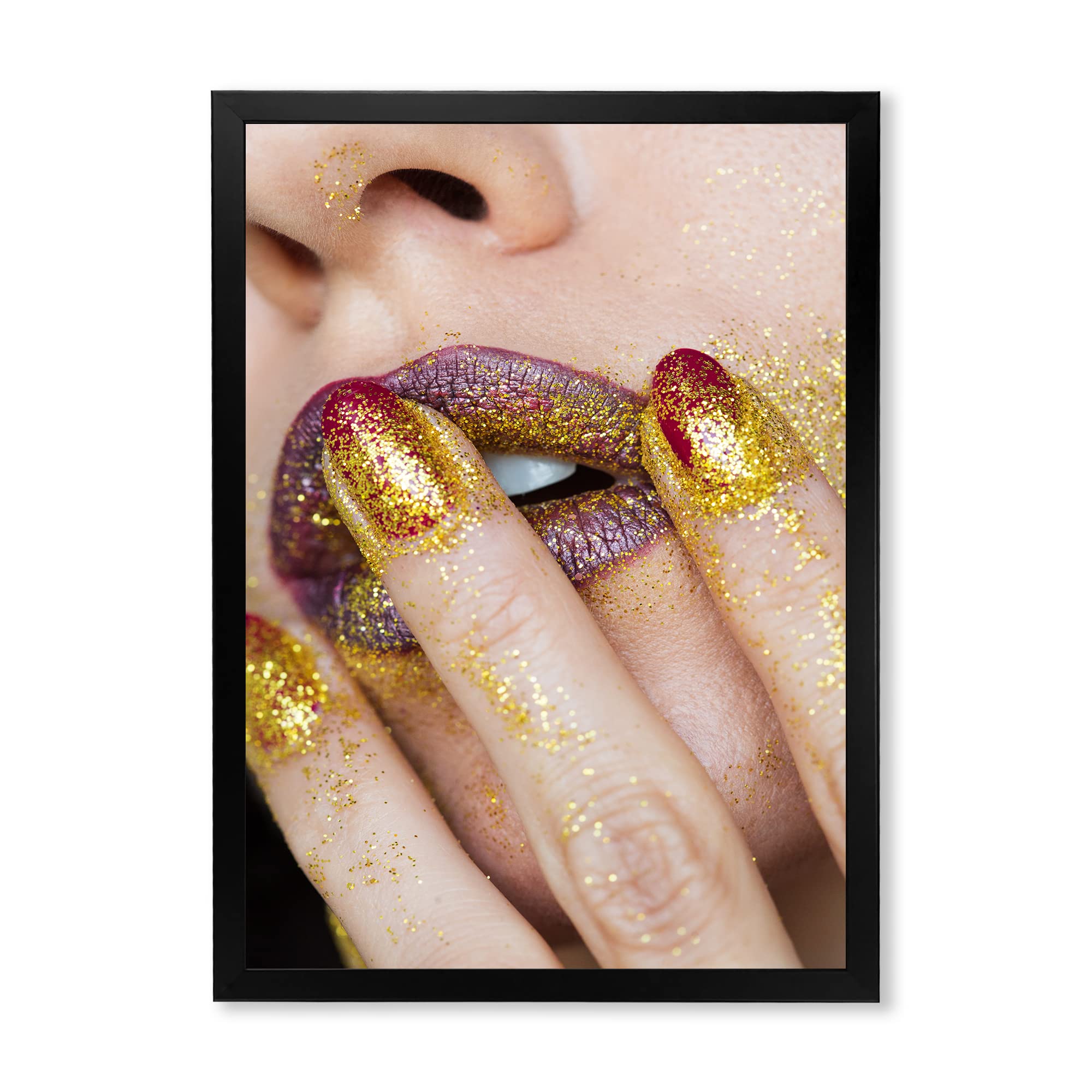 Golden Glitter Lipstick Close-Up Framed Wall Art - Modern Home Decor for Living Room, Bedroom & Office