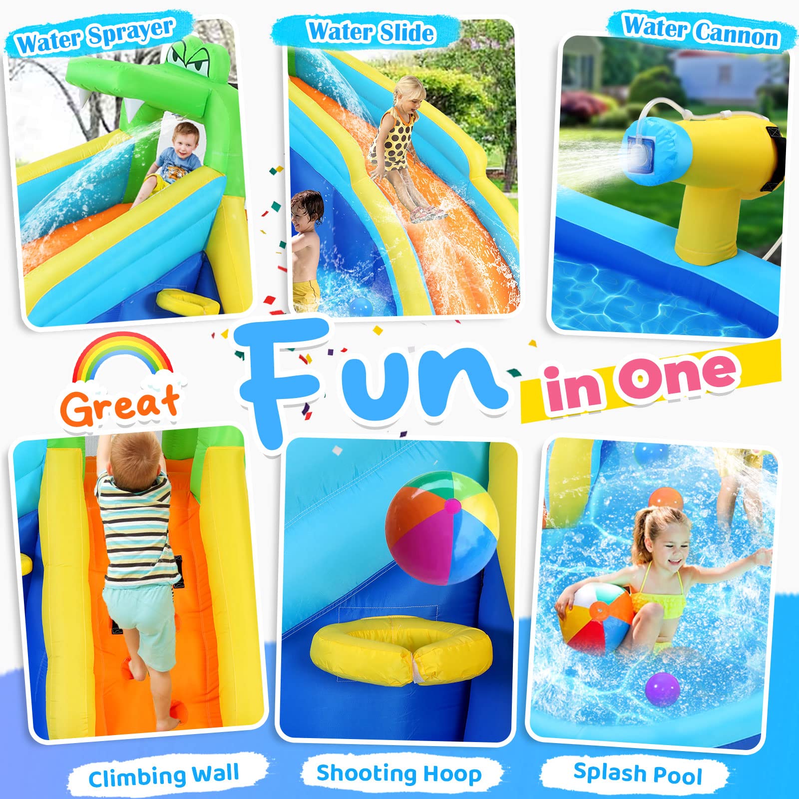Inflatable Water Slide for Kids with 450W Blower - 13.1 x 11.5 x 7.4FT Crocodile Water Park with Climbing Wall, Splash Pool, 2 Water Cannons & Basketball Hoop - Outdoor Backyard Summer Fun for Parties, Birthdays & Family Gatherings