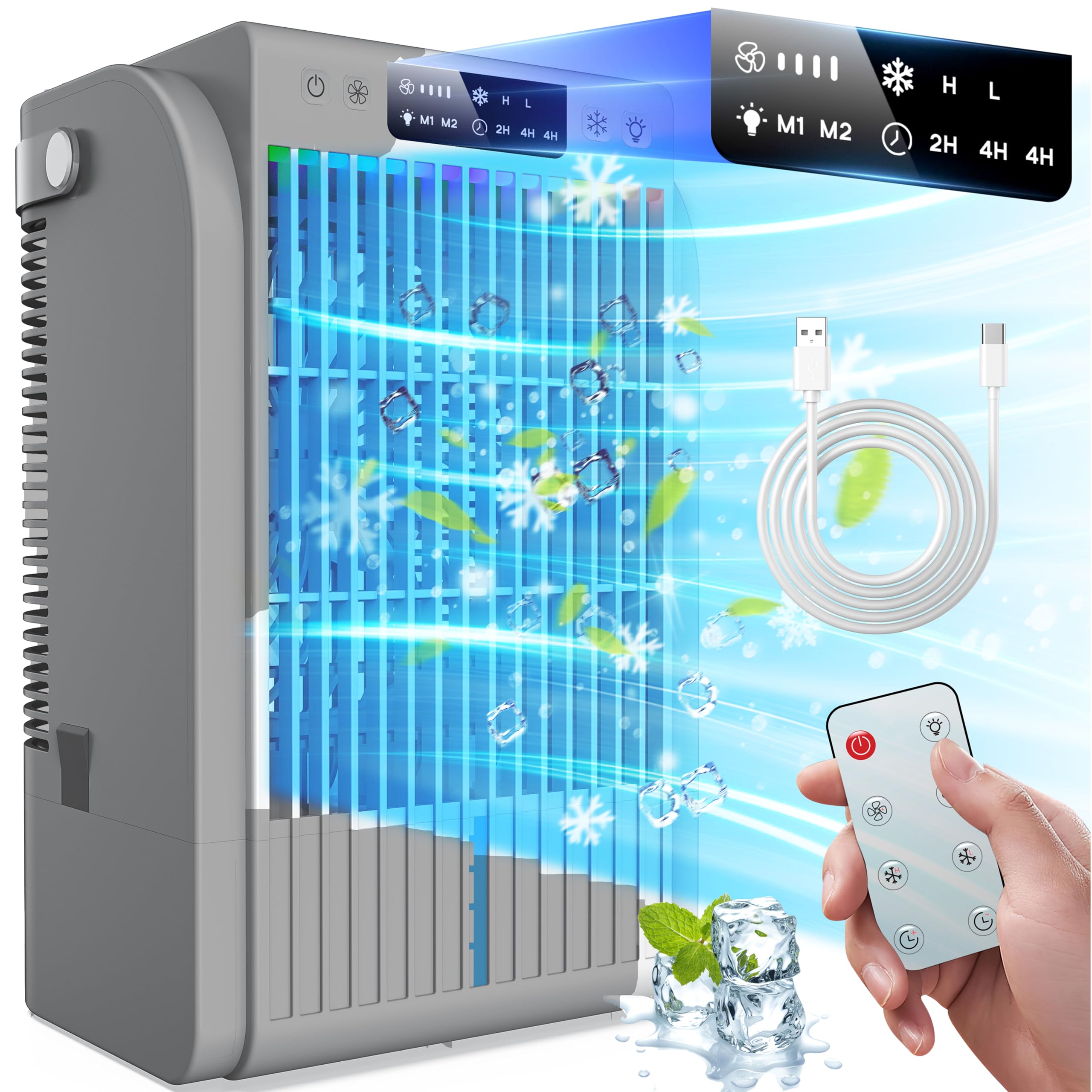 Portable Air Conditioner Fan with 1500ML Water Tank - 4-in-1 Evaporative Air Cooler with Remote Control & 7-Color LED Light - Mini Personal AC Unit for Home, Office, Car, Bedroom & Outdoor Use