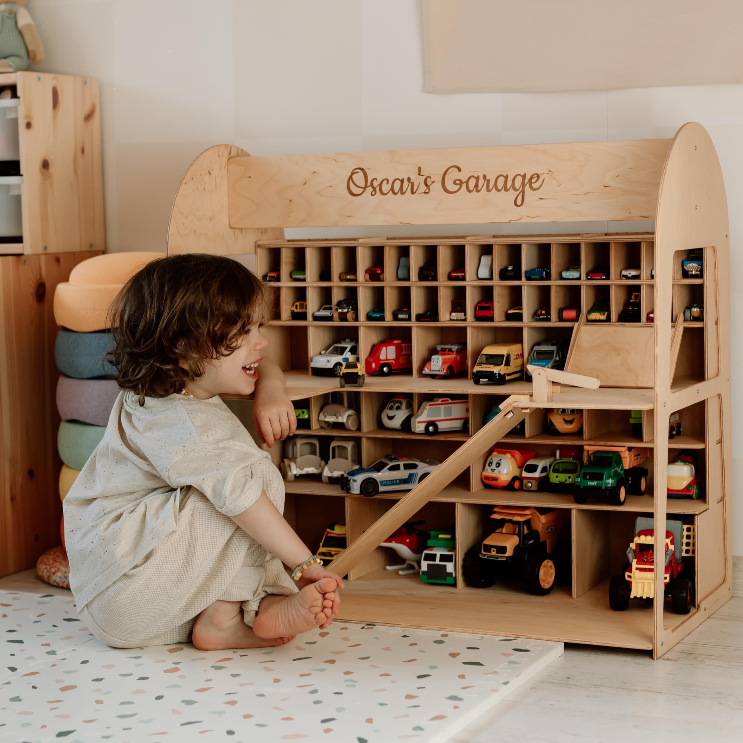 Wooden Toy Parking Garage with Elevator - Car Storage Organizer for Hot Wheels & Mini Toy Cars - Gift for Toddlers 1-4 Years Old - Big Natural Wood Case Shelf - Perfect for Playrooms, Bedrooms & Preschool Learning Activities