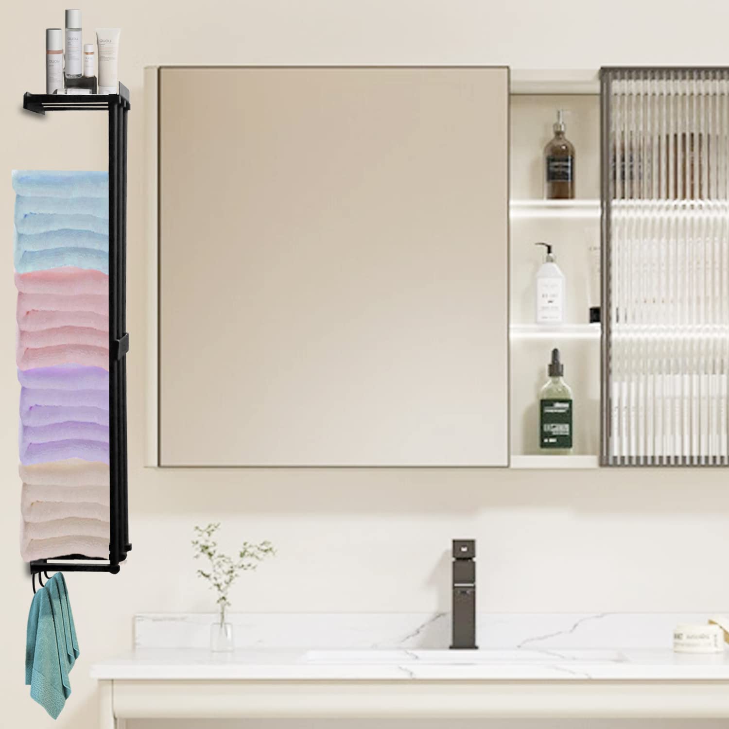 Stainless Steel Wall Mounted Towel Rack with Storage Shelf & 3 Hooks - Space Saving Bathroom Organizer for Rolled/Folded Towels & Washcloths - Perfect for Small Bathrooms, Spa, Gym & Laundry Room Organization