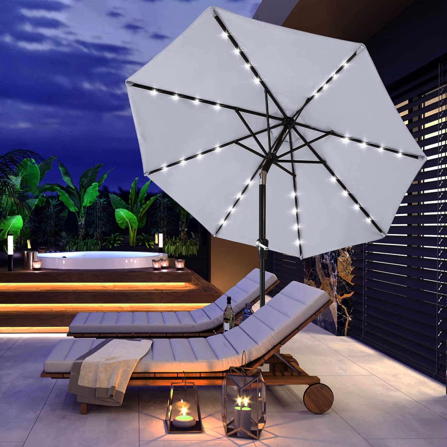 Durable 7.5FT Solar LED Patio Umbrella with 32 Lights - Light Gray Outdoor Canopy for Garden, Poolside & Backyard Relaxation