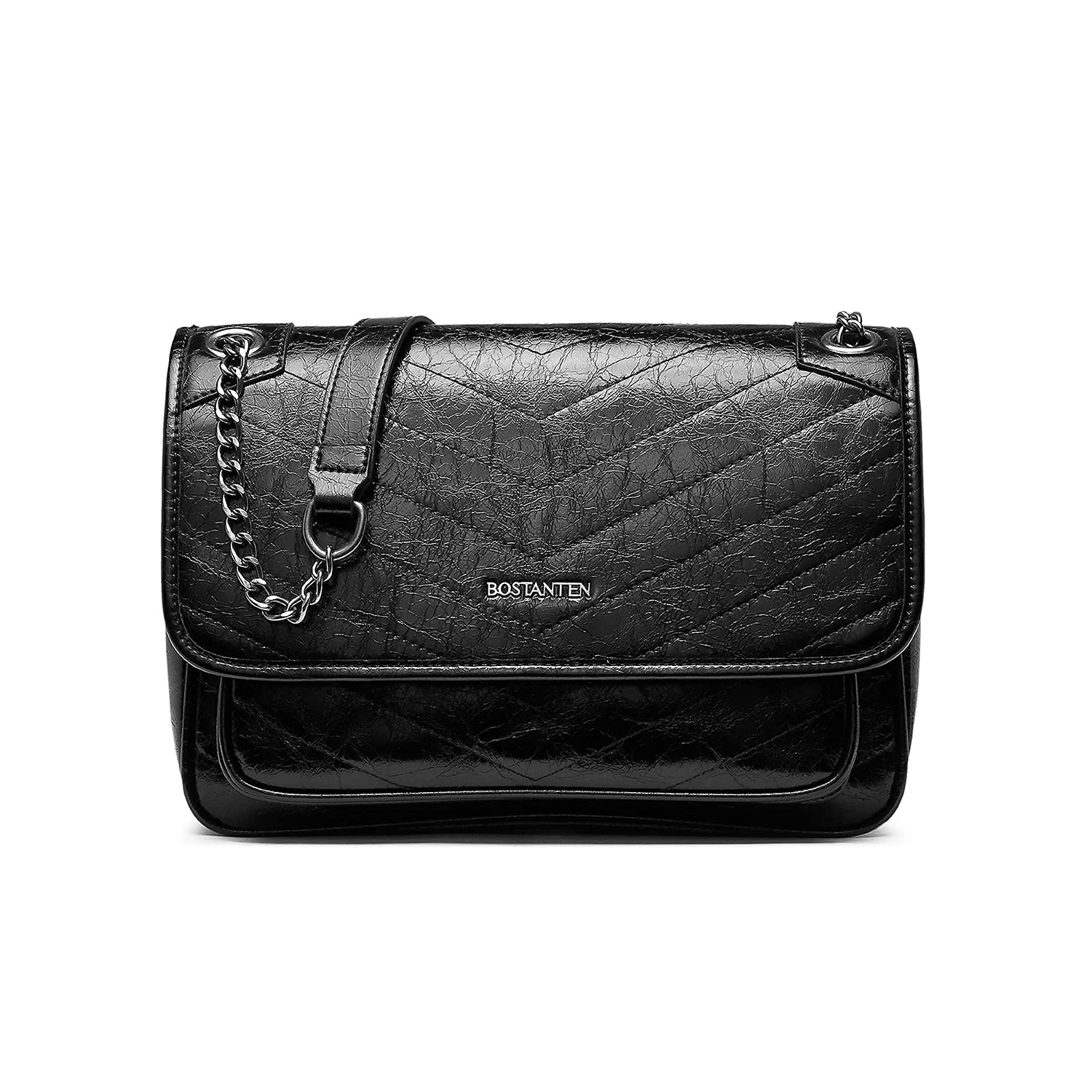 BOSTANTEN Women's Leather Handbag - Designer Chevron Quilted Crossbody Bag with Chain Strap, Fashion Shoulder Purse for Work, Travel & Everyday Use
