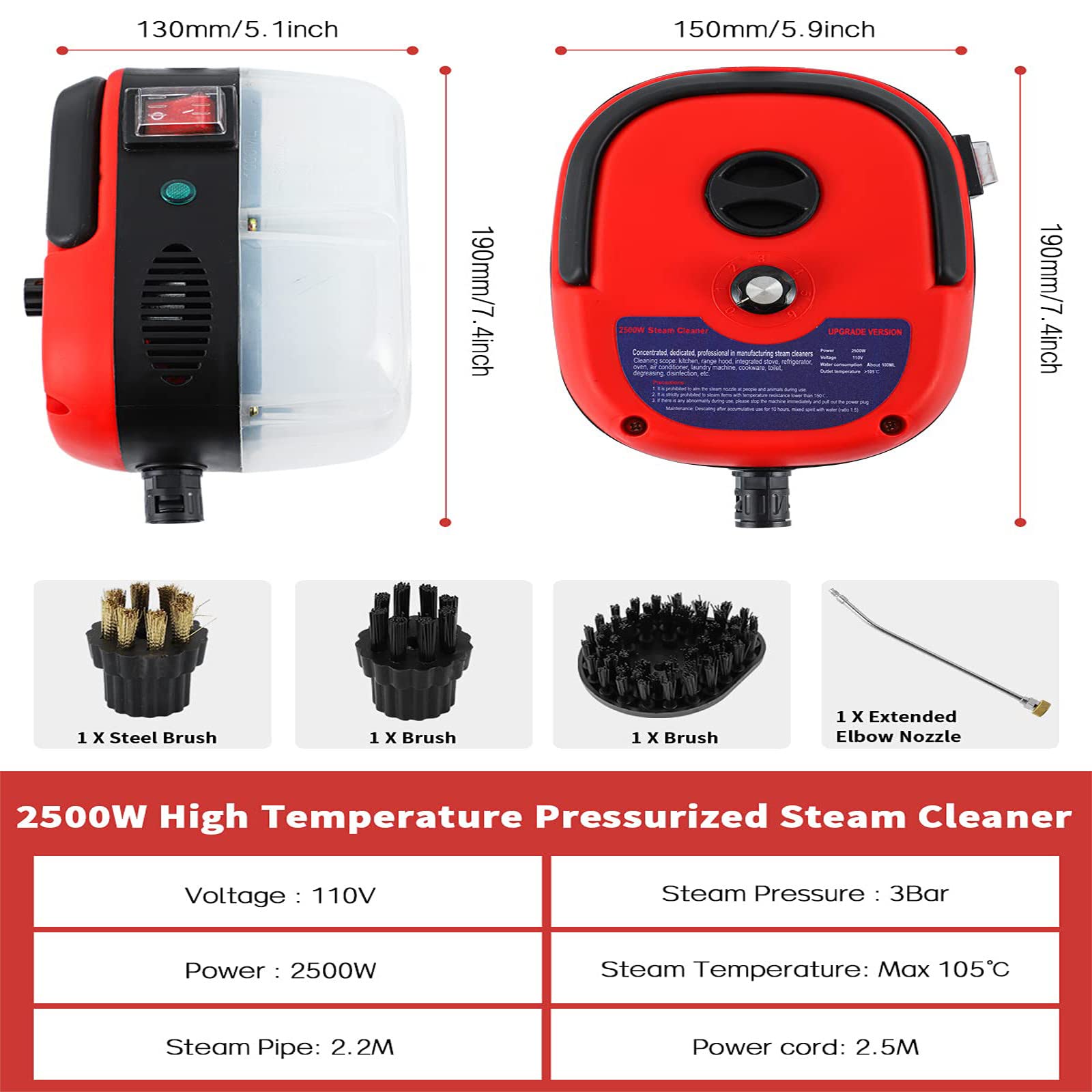 Portable Handheld Steam Cleaner for Kitchen, Bathroom, Furniture & Car Detailing - Auto Pumping, Red | Deep Cleaning Appliances, Upholstery, Tiles & More