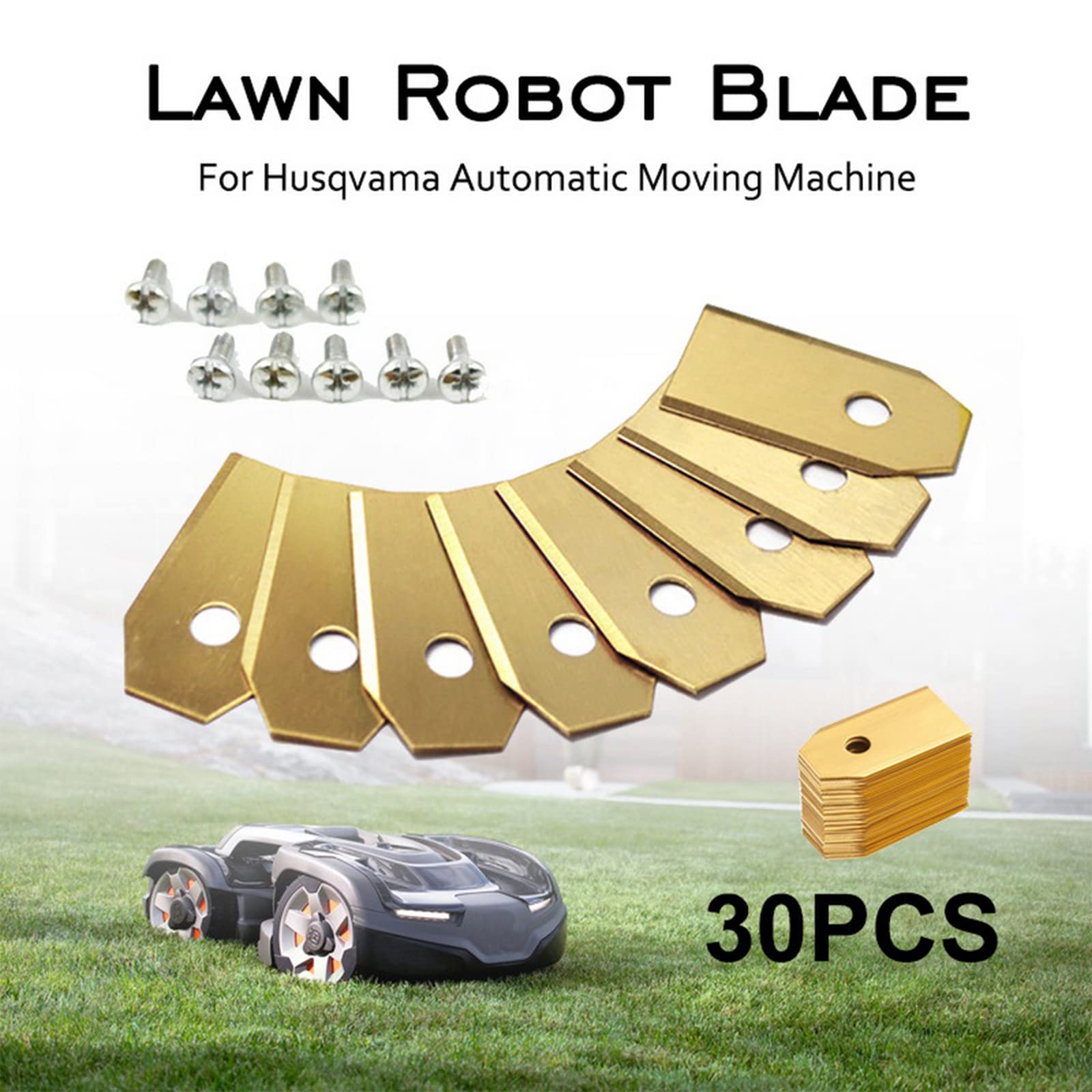30pcs Titanium Plated Lawn Mower Blades Replacement for Husqvarna Gardena - Durable Stainless Steel Trimmer Blades with Screws (60pcs Total) - Perfect for Yard Maintenance, Landscaping & Professional Grass Cutting