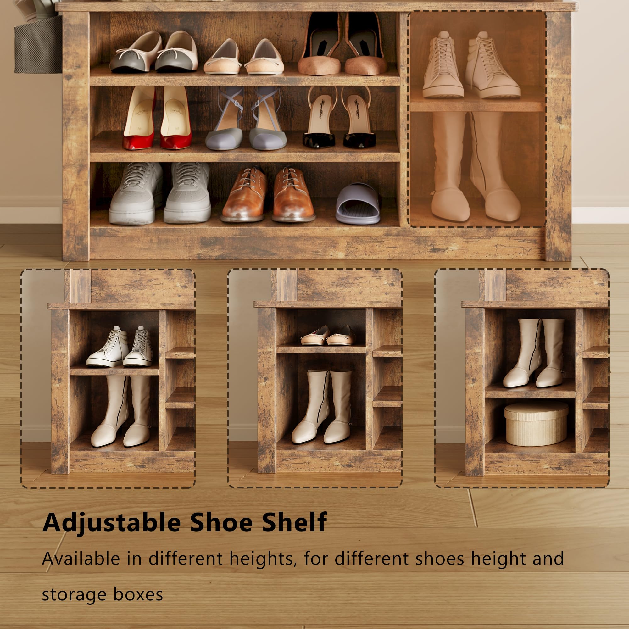 Aiho 3-in-1 Entryway Hall Tree with Bench, Coat Rack & Adjustable Shoe Storage | 2-Tier Top Shelf | Rustic Brown | Perfect for Hallway, Foyer, Bedroom & Small Space Organization