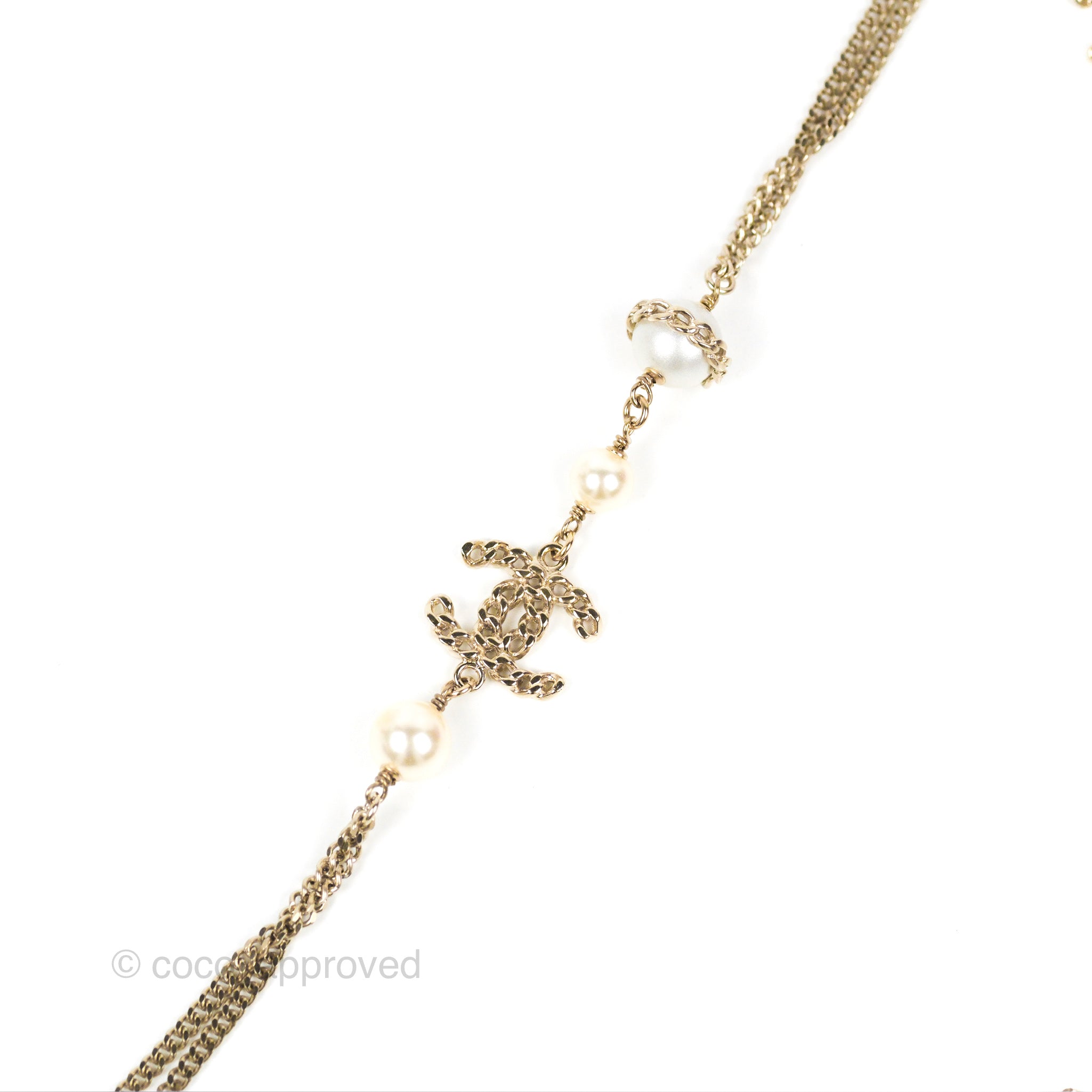 Chanel CC Pearl Chain Long Necklace in Gold Tone - Elegant 16B Design for Women | Perfect for Evening Parties, Weddings & Special Occasions