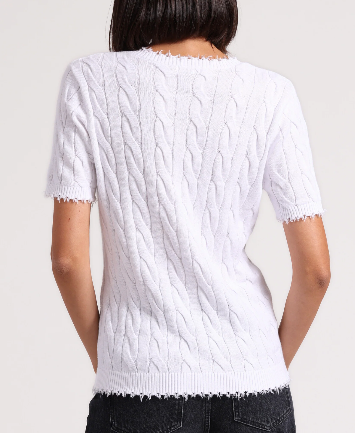 Minnie Rose Women's Cotton Frayed Cable Knit V-Neck T-Shirt with Pocket - Casual Comfort Top for Everyday Wear, Date Night & Weekend Outfits