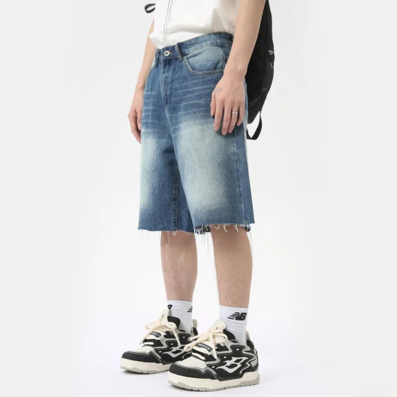 American Style Men's Denim Shorts - Casual Distressed Straight Fit Wide Leg Loose Summer Shorts for Men | Trendy Streetwear & Beach Outfit | Model 9C6318