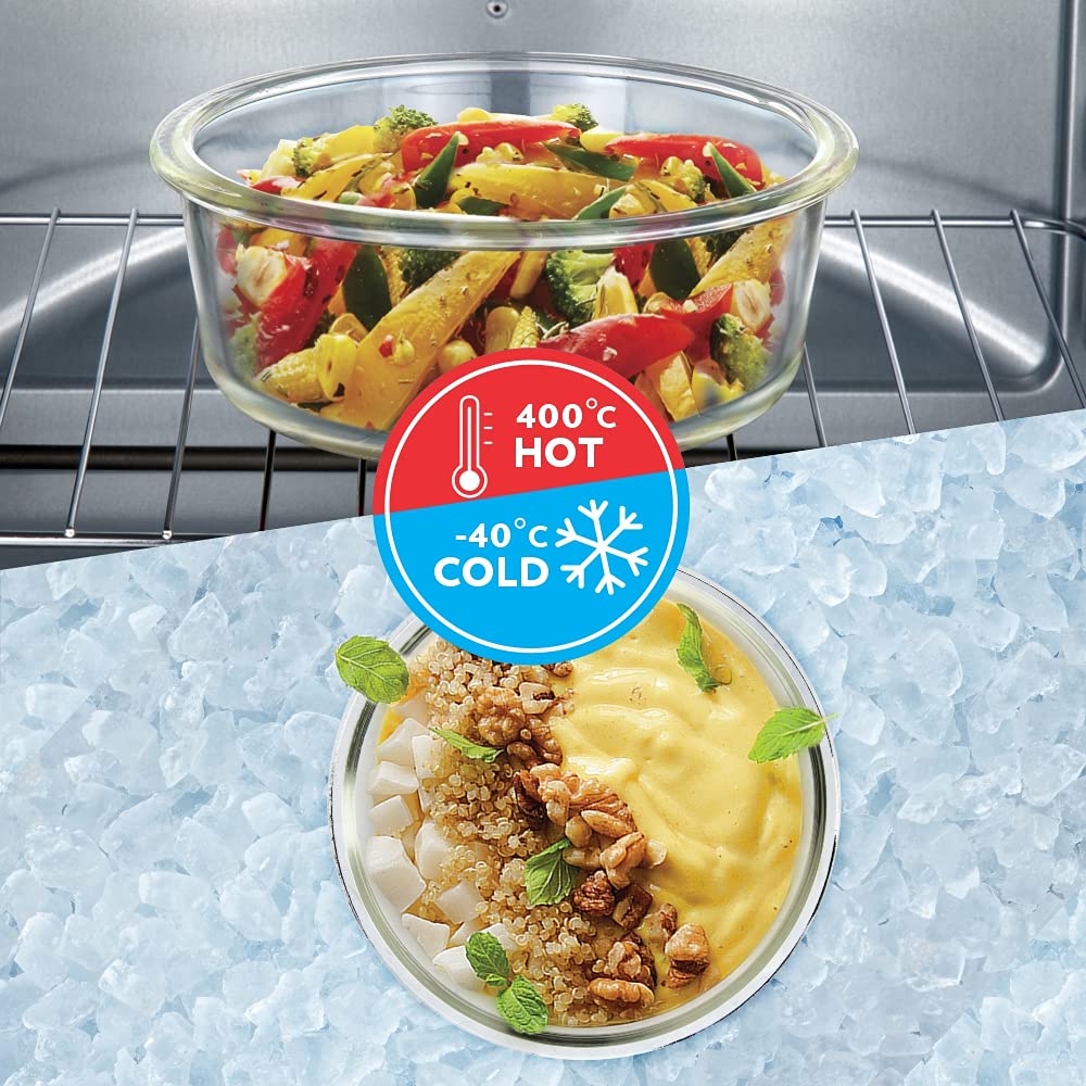 Borosil Klip N Store Airtight Glass Food Storage Containers Set of 2 (400ml Each) - Microwave & Oven Safe Round Kitchen Containers with Lids - Perfect for Meal Prep, Leftovers & Pantry Organization