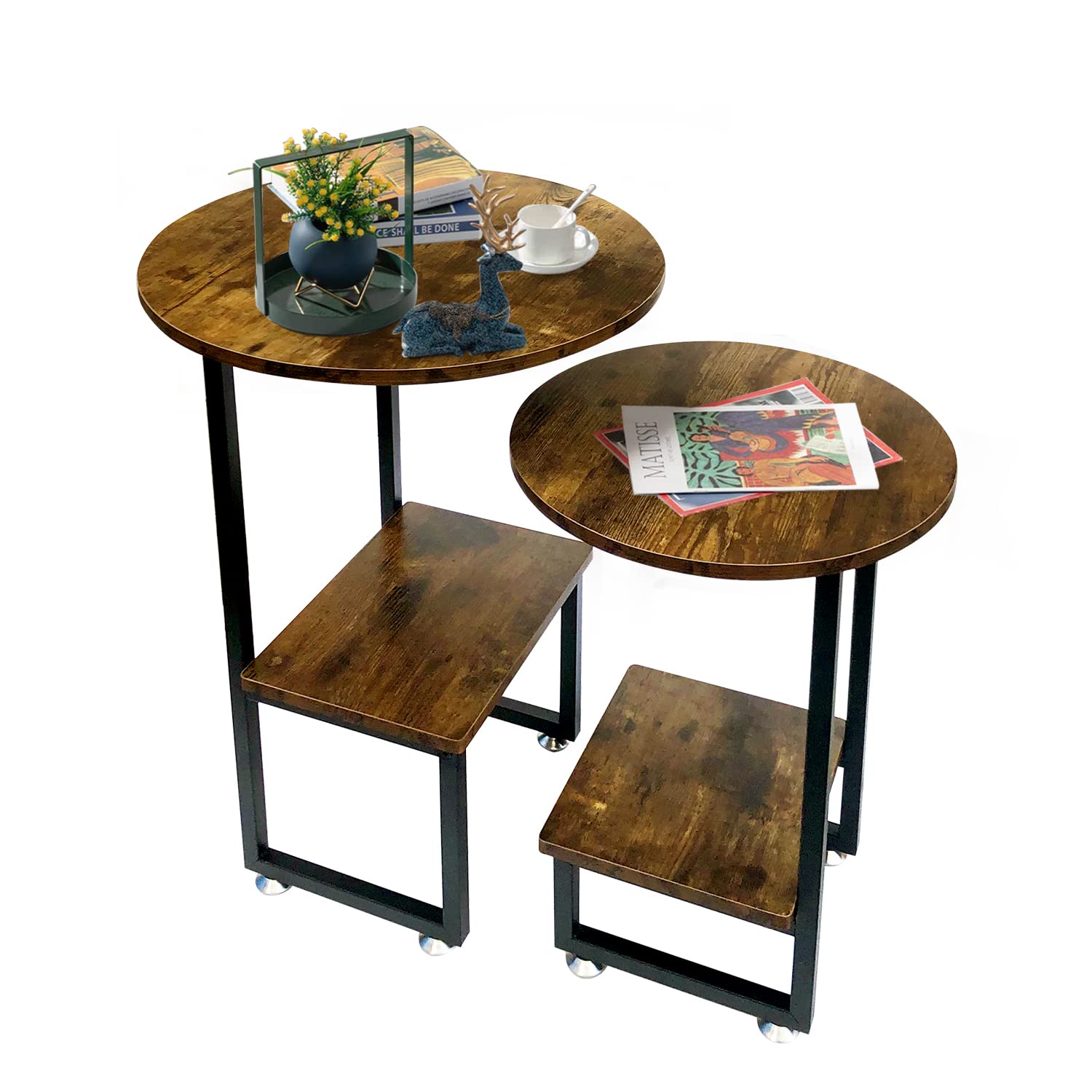 Round Nesting Coffee Table Set of 2 - Farmhouse Wood & Metal Side Tables for Living Room, Balcony - Rustic Brown End Tables for Small Spaces & Cozy Home Decor