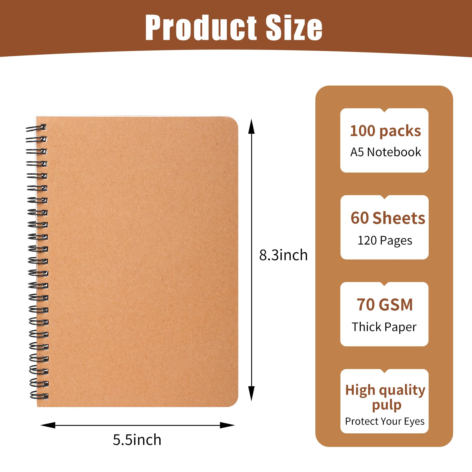 Miikoul 100-Pack A5 Spiral Notebooks - Kraft Paper Cover, 8.3