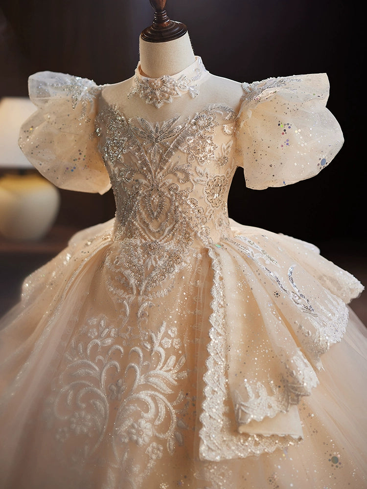 Champagne Princess Mock Neck Floor-Length Organza Flower Girl Dress for Weddings & Special Occasions - Elegant & Comfortable Formal Wear