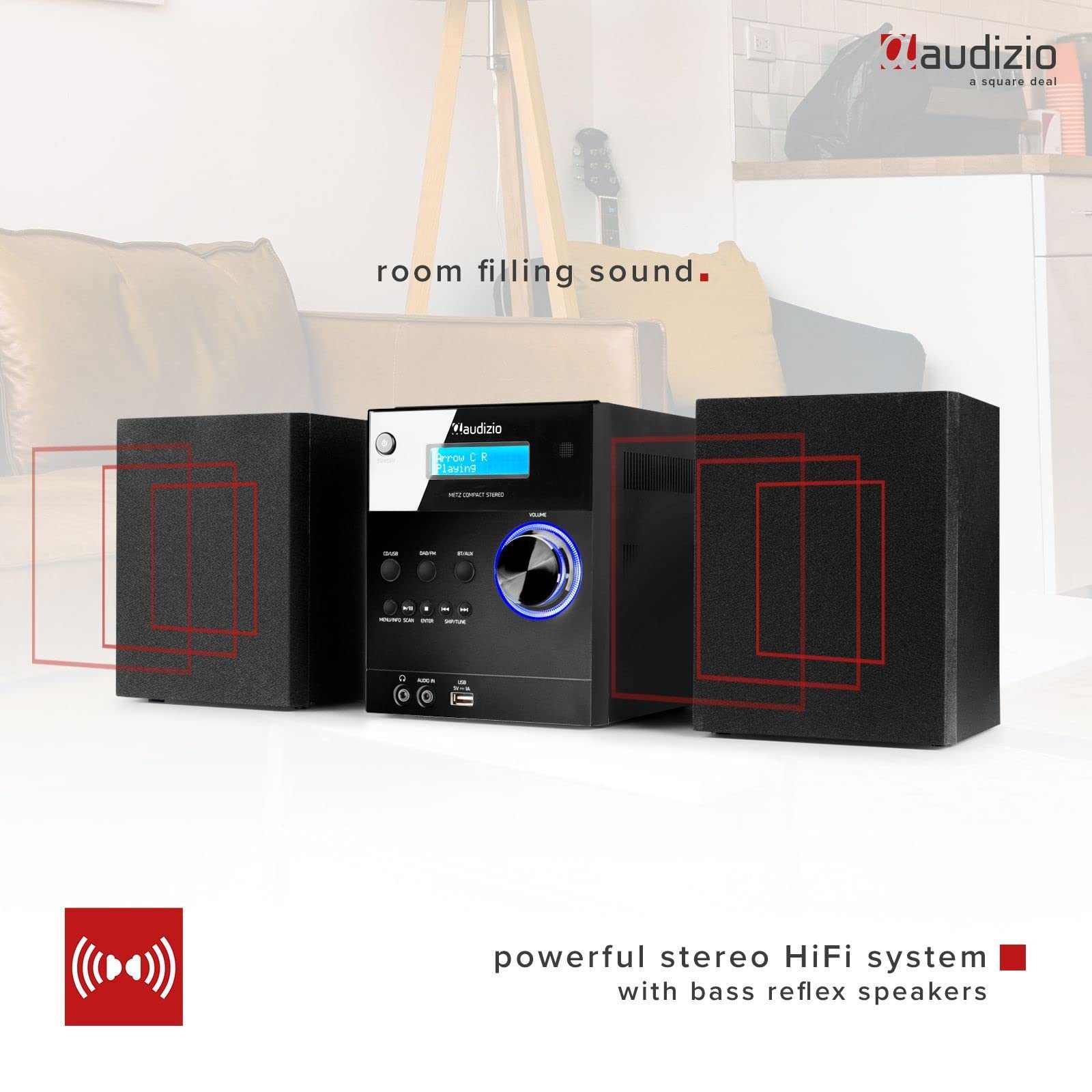 Audizio Metz HiFi Stereo System with DAB+ Digital Radio | Bluetooth 5.0 Wireless Streaming | CD Player & USB MP3 Playback | LCD Display & Remote Control | Bookshelf Speakers (Black) - Perfect for Home Audio & Entertainment Systems