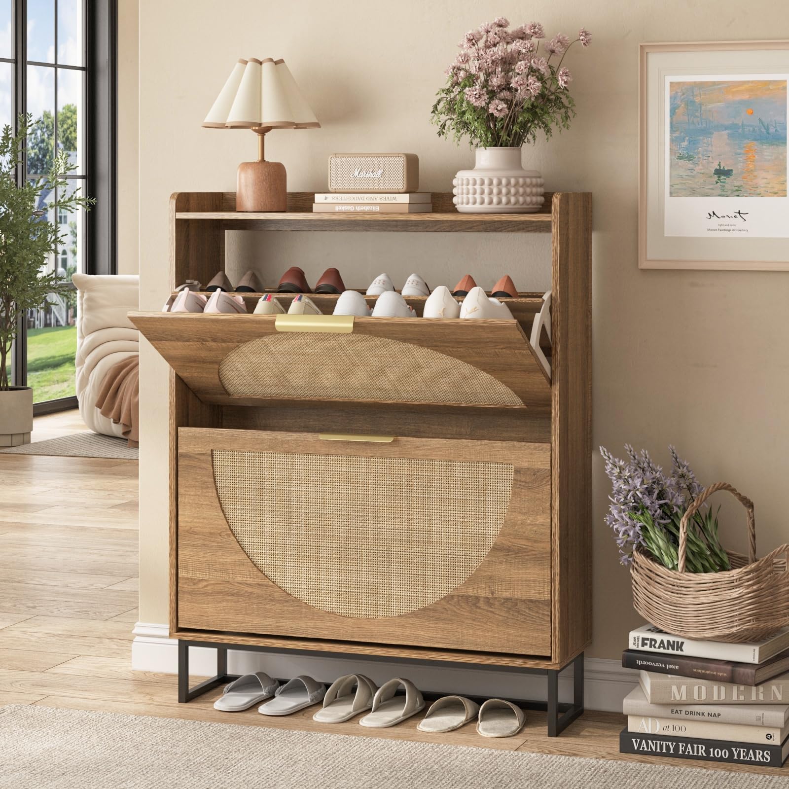 Maupvit Rattan Shoe Storage Cabinet with 2 Flip Drawers - Freestanding Shoe Organizer with Metal Legs for Entryway, Hallway & Closet - Hidden Golden Handles, Narrow Shoe Rack Cabinet in Rustic Oak - Perfect for Small Spaces & Home Organization