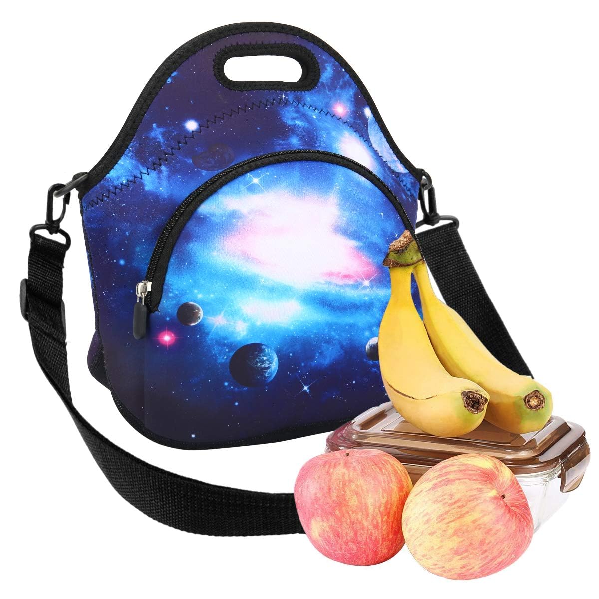 Violet Mist Insulated Neoprene Lunch Bag for Women & Men - Thermal Lunch Tote with Adjustable Shoulder Strap, Extra Pocket & Detachable Design | Perfect for Office, School, Picnics & Outdoor Activities | Galaxy Space Blue Star Sky Pattern