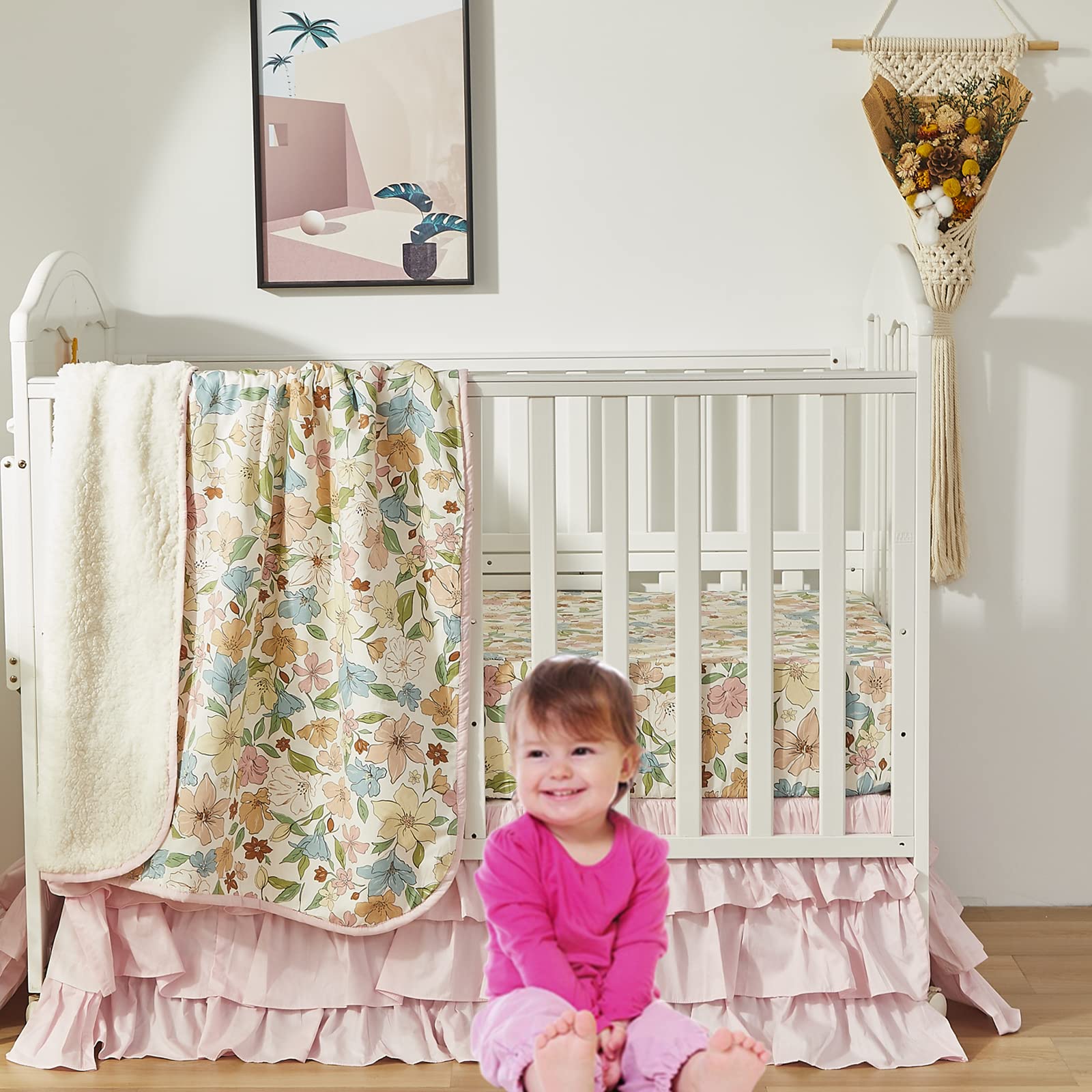 Brandream Floral Crib Bedding Set for Baby Girls - 3 Piece Nursery Bedding Set with Blossom & Petal Design, 100% Cotton - Perfect for Nursery Decor, Baby Showers & Newborn Gifts