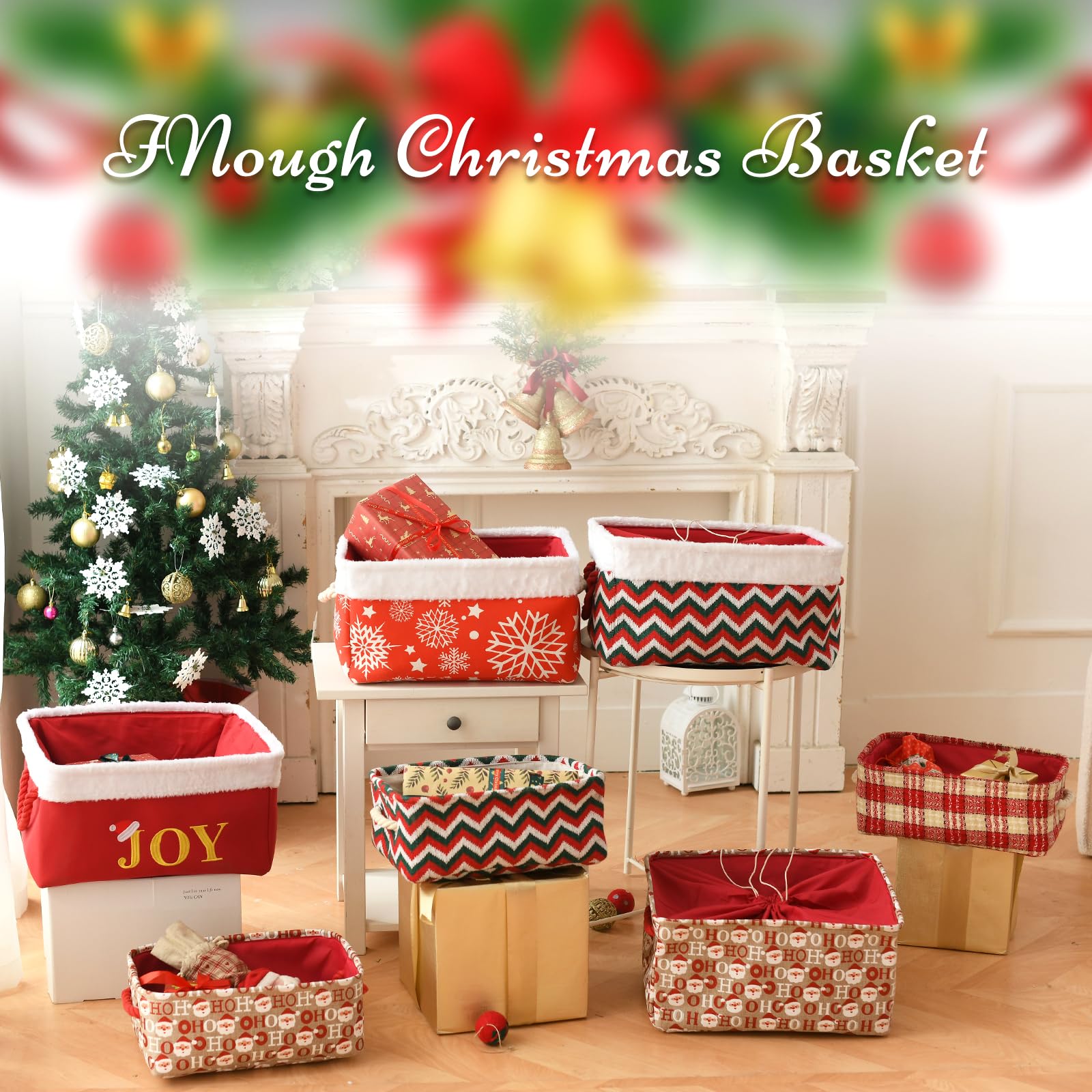 INough Christmas Ornament Storage Box | Holiday Decoration Organizer with Handles | Buffalo Plaid Collapsible Gift Basket for Kids | Farmhouse Style Home Decor | Perfect for Storing Ornaments, Wrapping Gifts & Holiday Organization